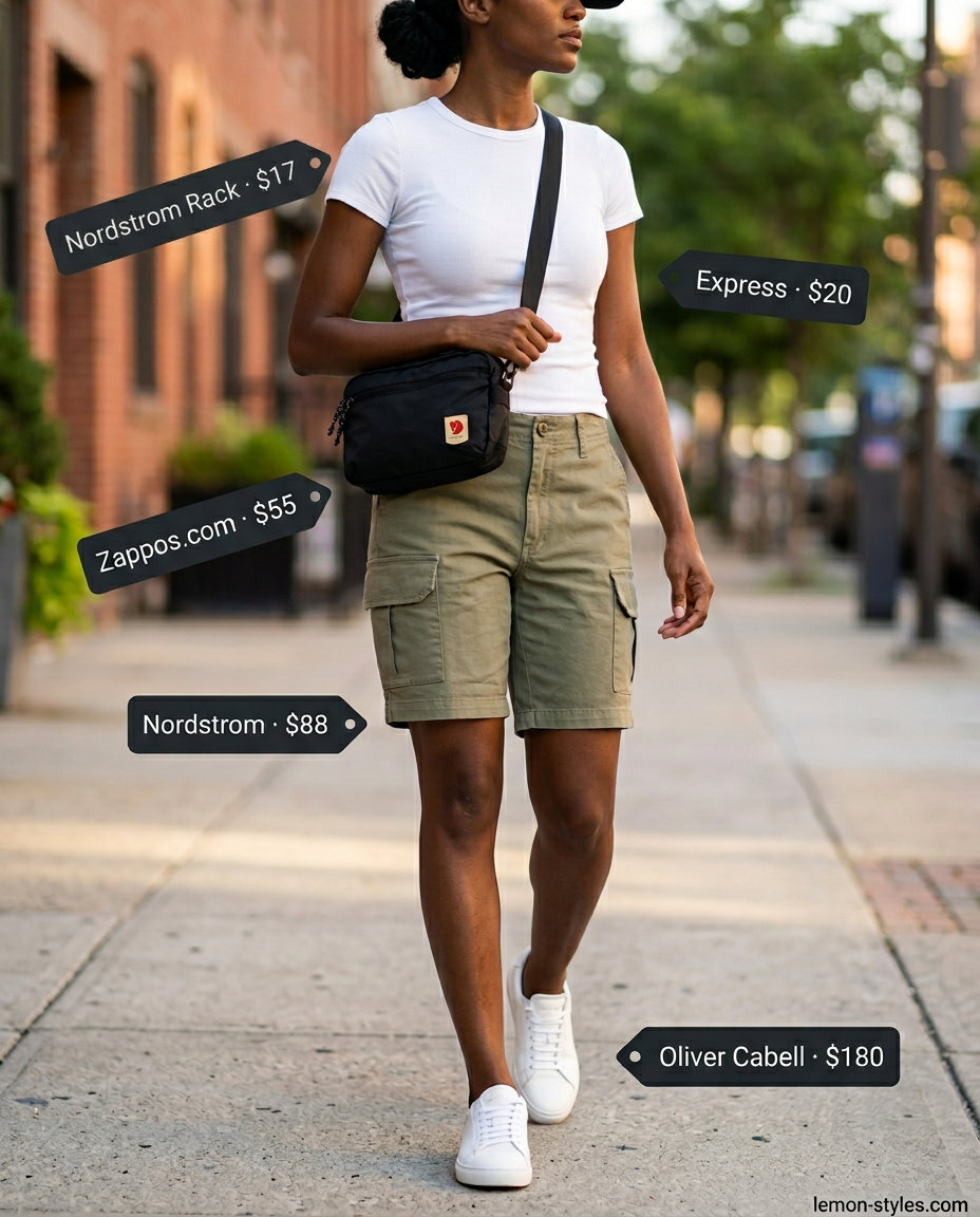Urban Explorer Cargo: What to Wear with Cargo Shorts Summer 2026. Olive green shorts, white tee, black cap.