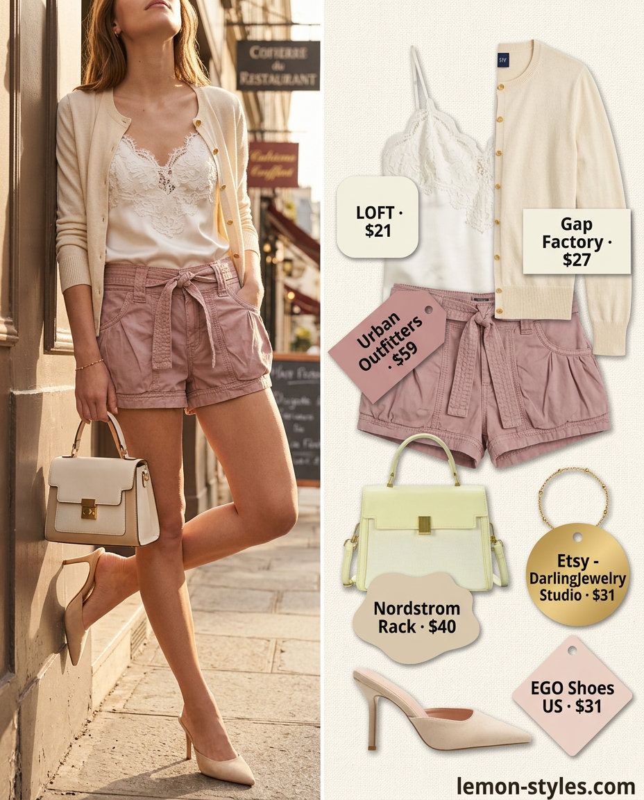 Weekend brunch outfit with blush pink cargo shorts, ivory camisole, and cardigan. What to wear with cargo shorts summer 2026.