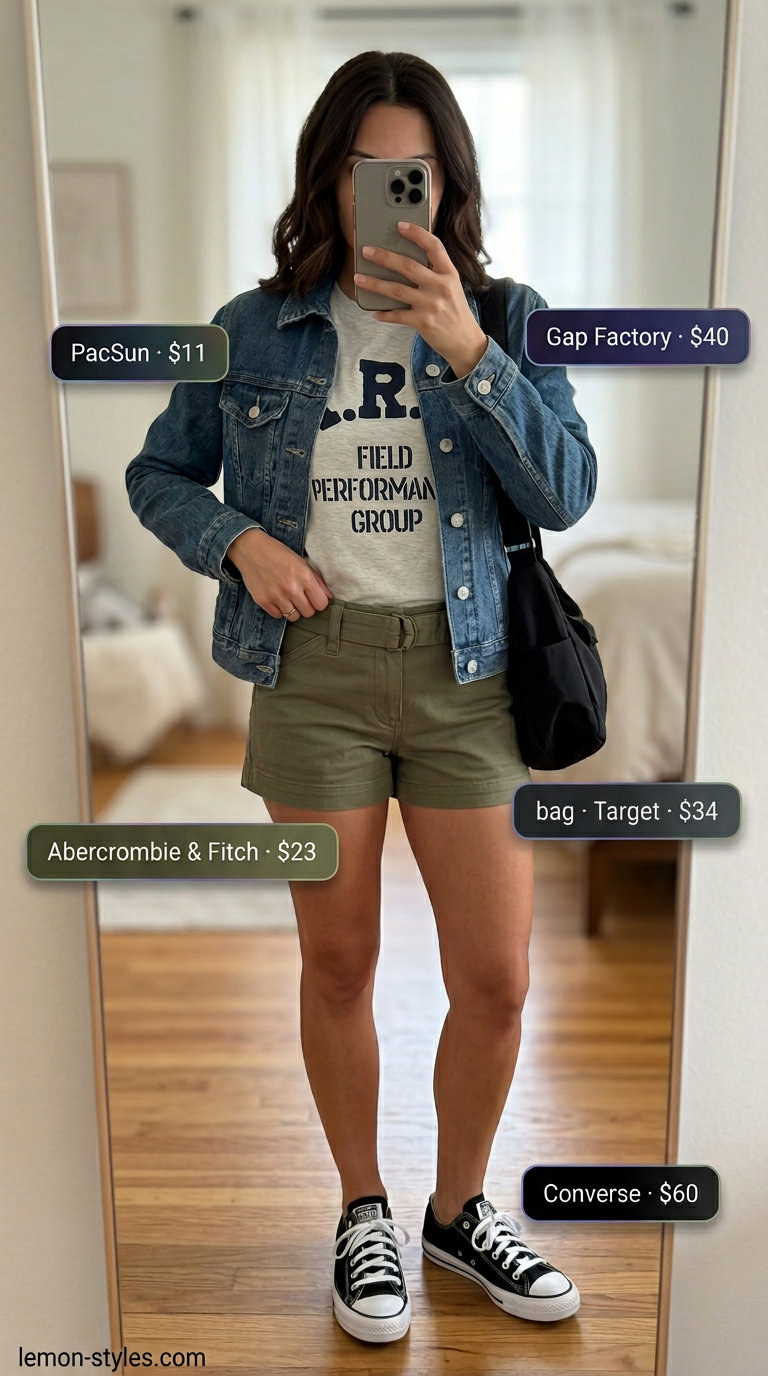 Weekend Wanderer Cargo outfit: Khaki green cargo shorts, graphic tee, denim jacket, canvas bag. Summer 2026.