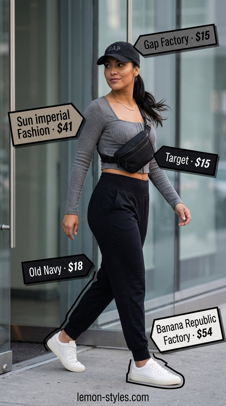 Charcoal grey corset top with joggers for athleisure outfits 2026.