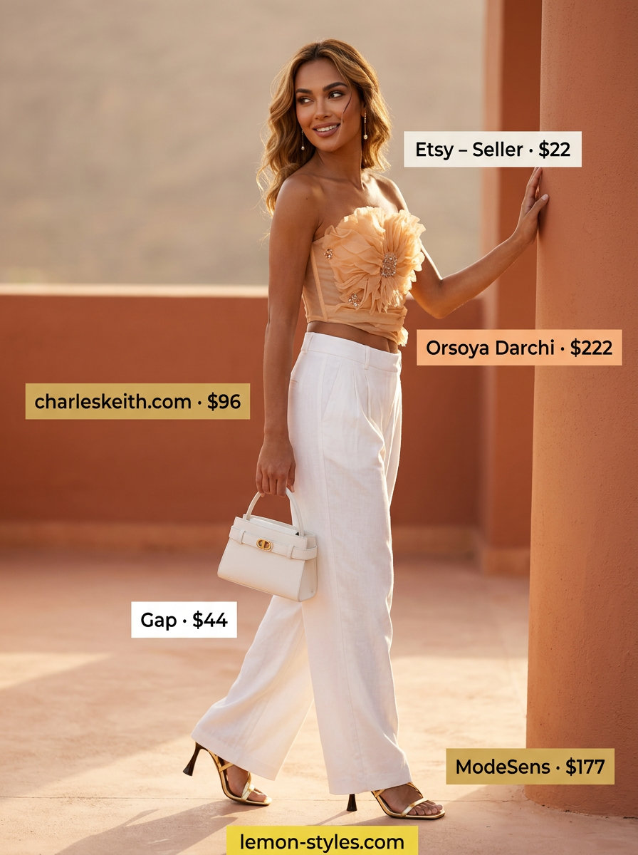 Blush organza corset top with white linen pants, gold sandals & bag. What to wear with corset top summer 2026.