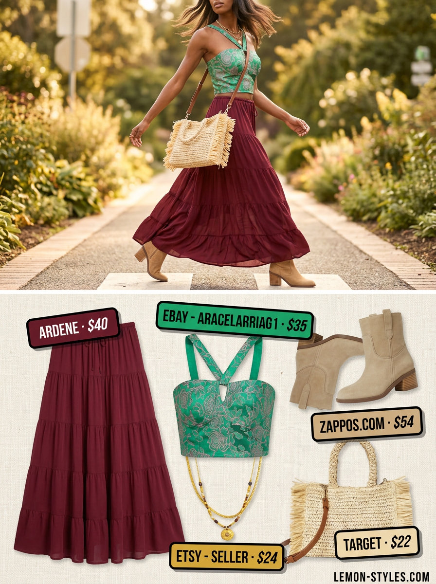 Boho summer outfit: Cream floral corset top, burgundy tiered maxi skirt, suede ankle boots, and straw crossbody bag.