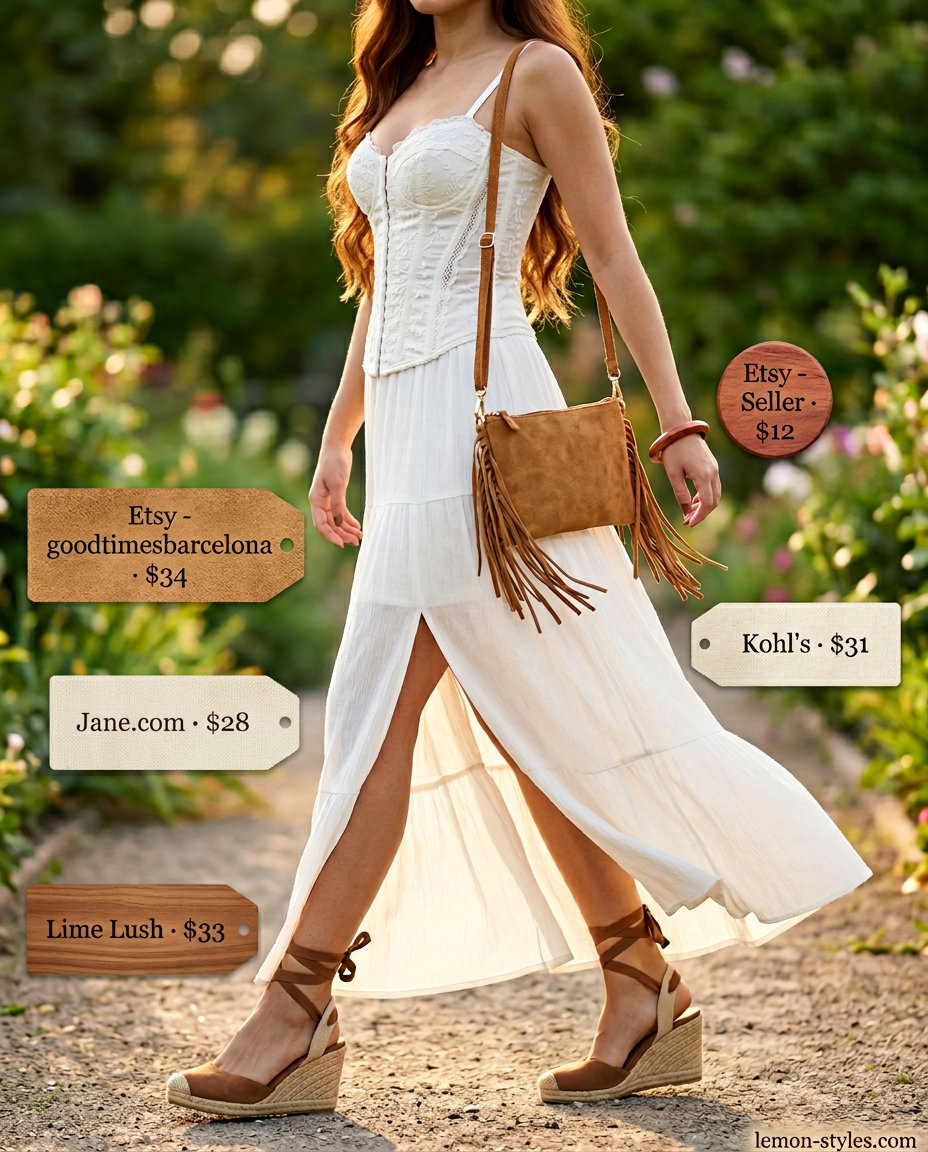 Floral corset top with maxi skirt for boho summer evening outfits 2026.