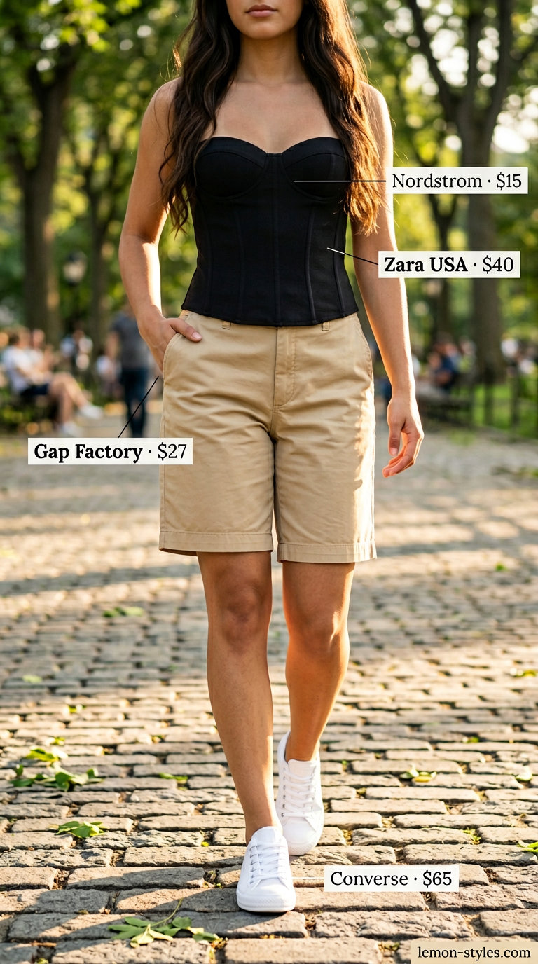 Black jersey corset top with khaki Bermuda shorts, sneakers & tote bag. What to wear with corset top summer 2026.