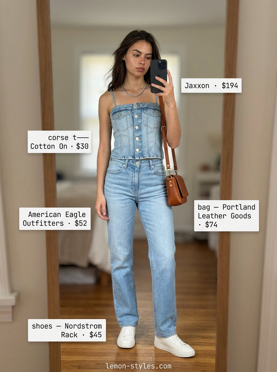 Light blue denim corset top with jeans for casual outfits 2026.