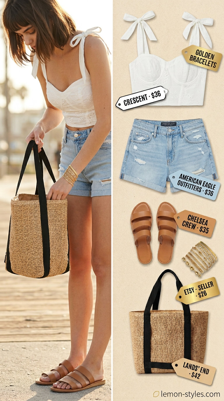 Coastal summer outfit: White eyelet corset top, light wash denim shorts, straw tote, and leather slide sandals.