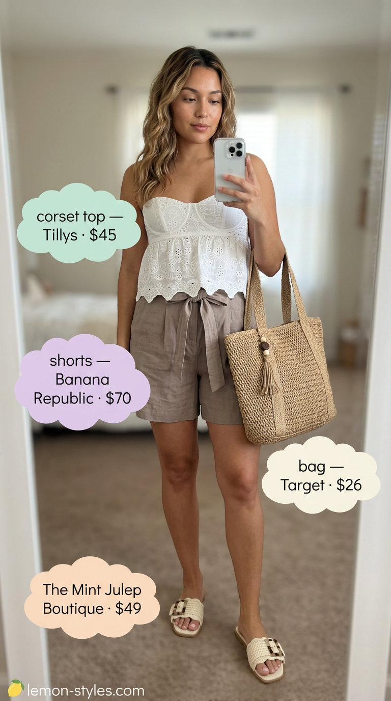 White eyelet corset top with beige linen shorts for coastal outfits 2026.