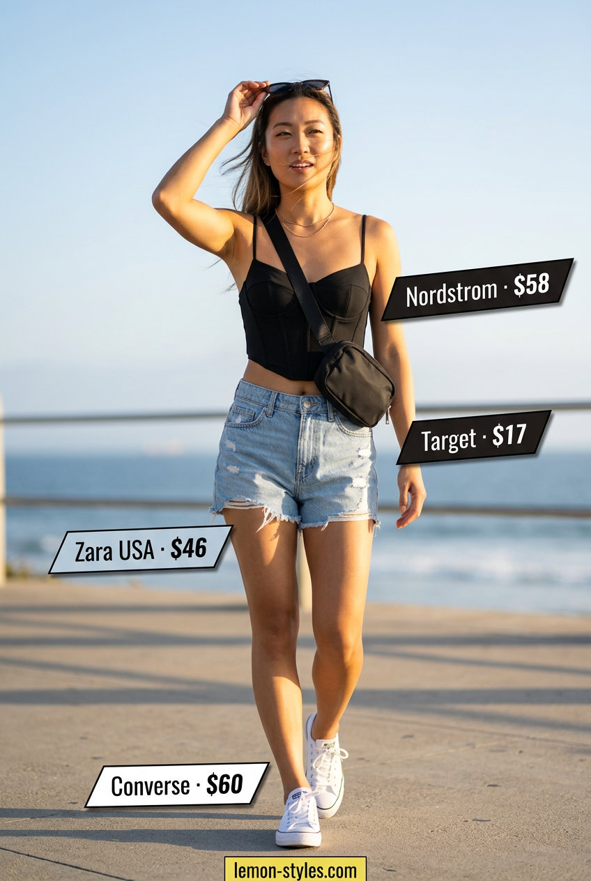 Black ribbed corset top with denim shorts for casual summer outfits 2026.