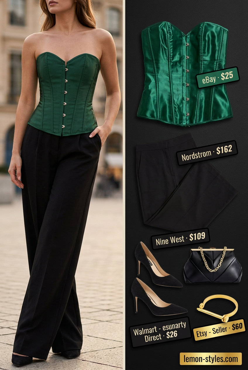Emerald green satin corset top with black trousers, heels & clutch. What to wear with corset top summer 2026.