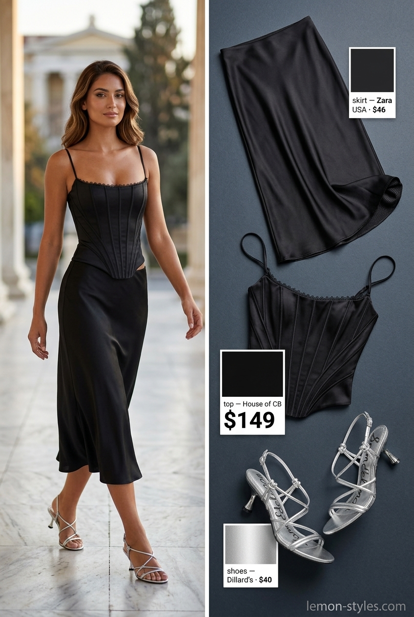 Black satin corset top with midi skirt for elegant evening outfits 2026.
