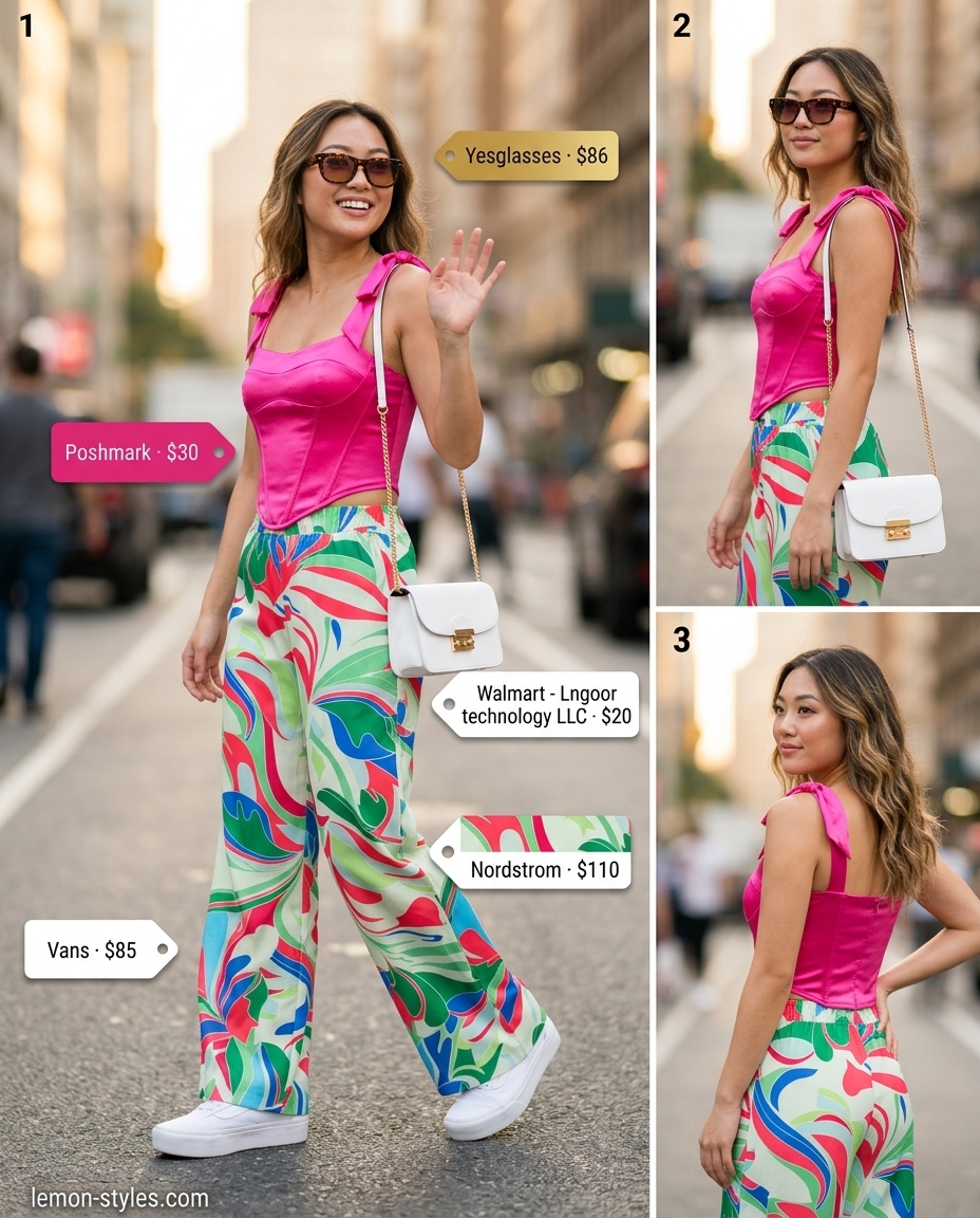 Festival outfit: Hot pink corset top with blue/green print wide-leg pants, white crossbody bag, and colorful sunglasses.