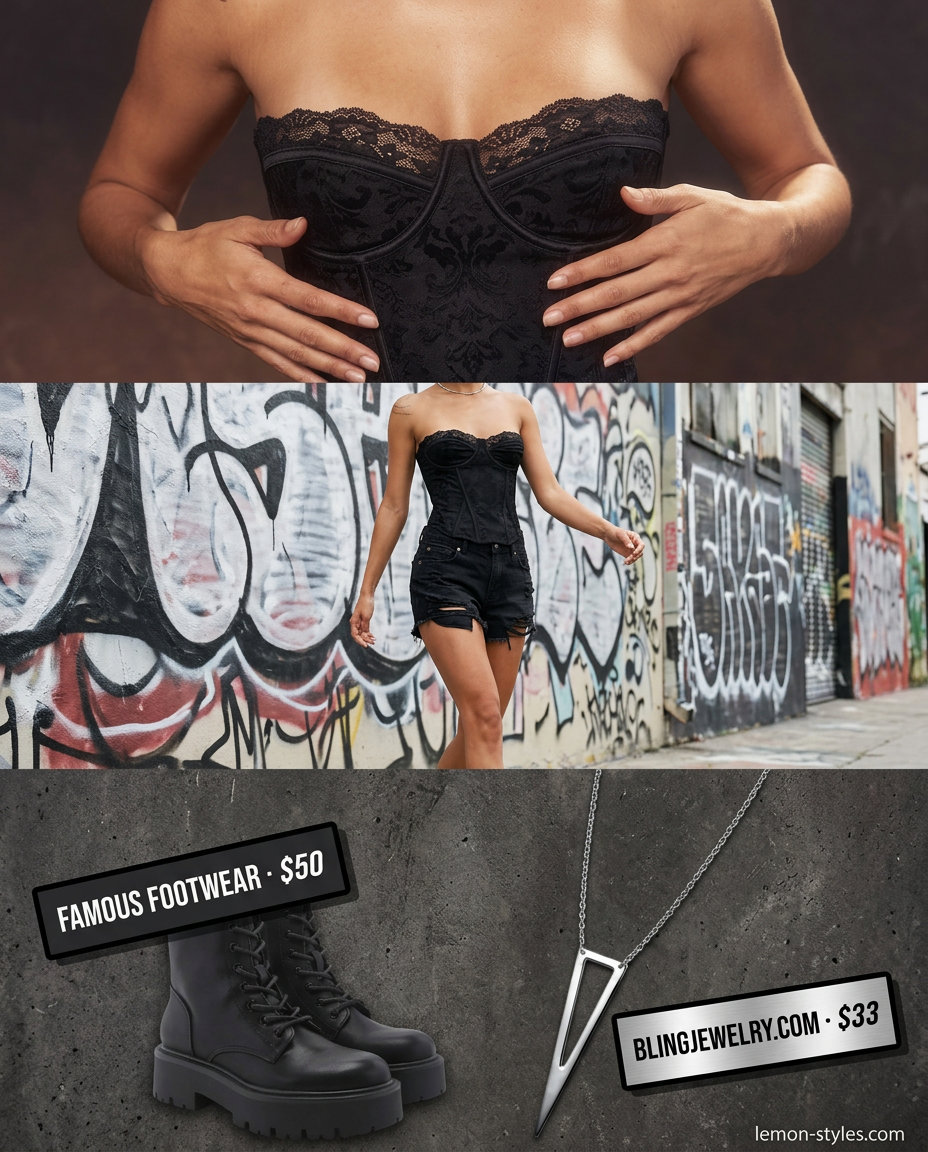 Black lace corset top with denim shorts for edgy festival outfits 2026.