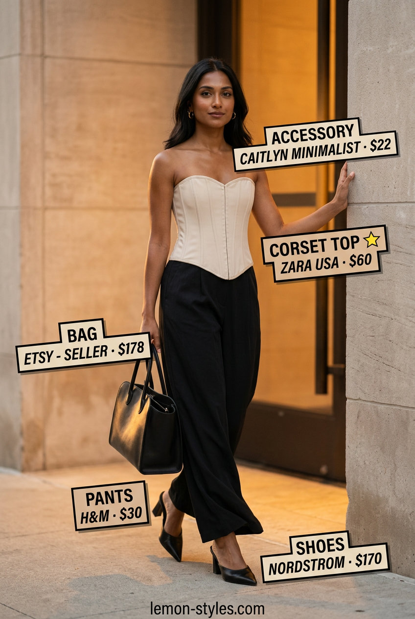 Modern minimalist outfit: Nude corset top, black tailored pants, black mules, and silver hoop earrings.