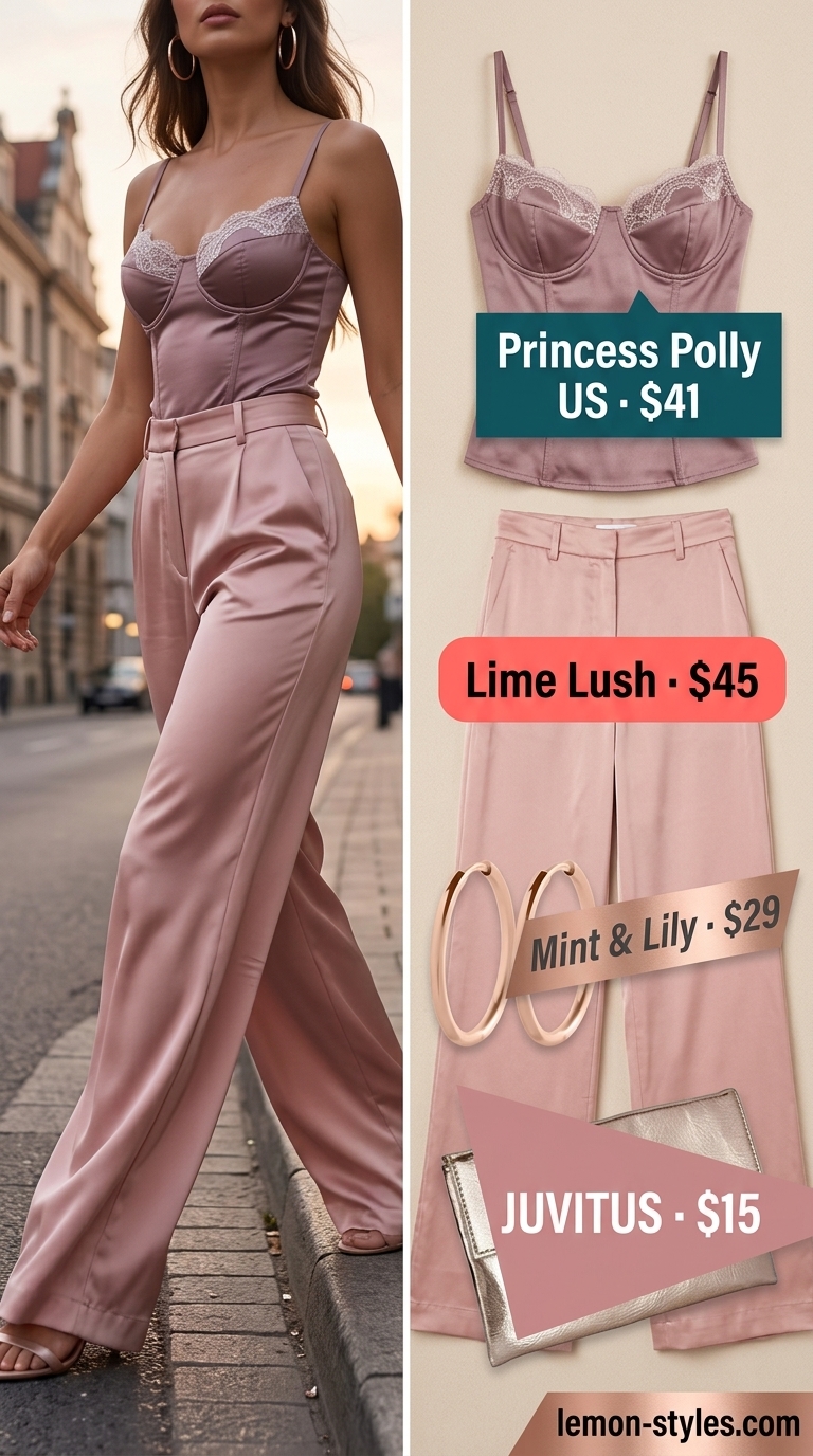 Monochromatic sunset outfit: Blush pink satin corset top with matching wide-leg pants and rose gold heels.