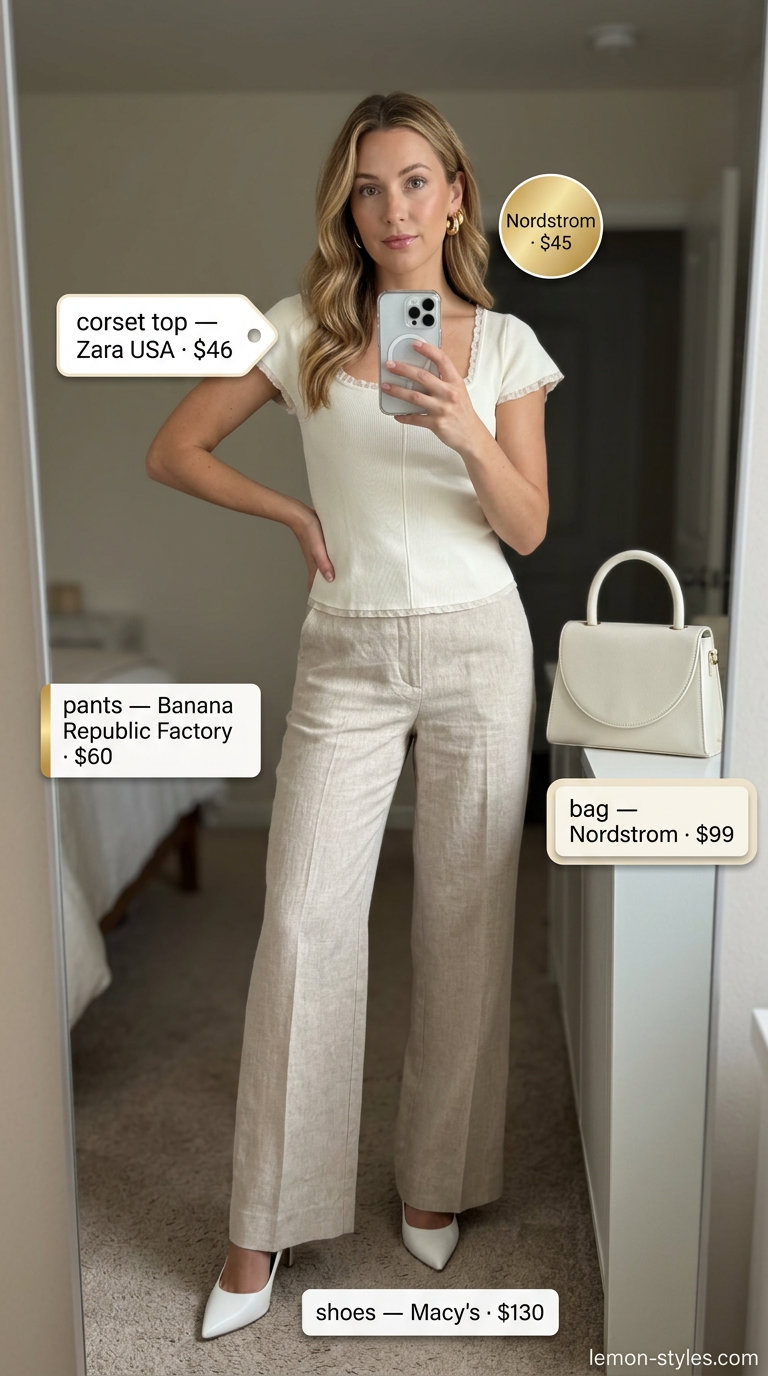 Monochrome minimalist outfit: Cream corset top, cream wide-leg trousers, white pumps, and gold hoop earrings.