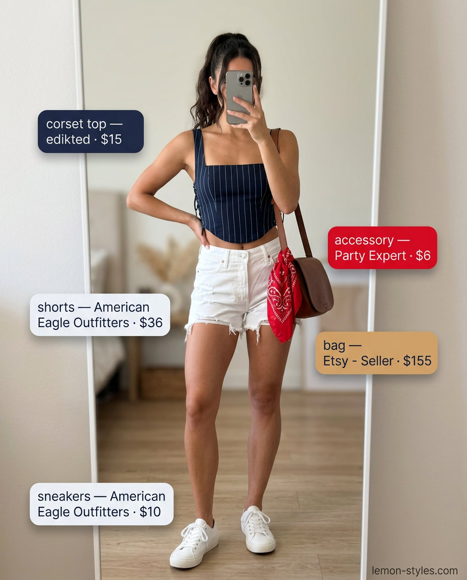 Blue & white striped corset top with white denim shorts, sneakers & bandana. What to wear with corset top summer 2026.