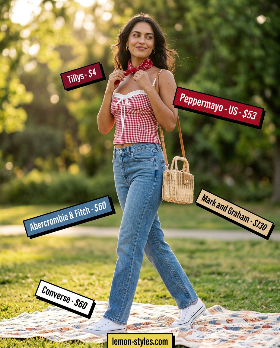 Retro summer outfit: Red gingham corset top, denim jeans, white sneakers, wicker bag, and red bandana.