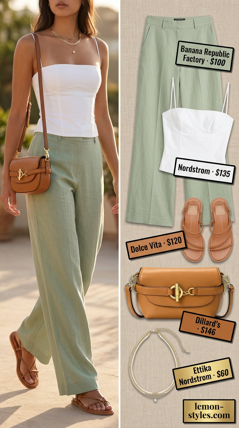 White cropped corset top with sage green linen pants, tan sandals & bag. What to wear with corset top summer 2026.