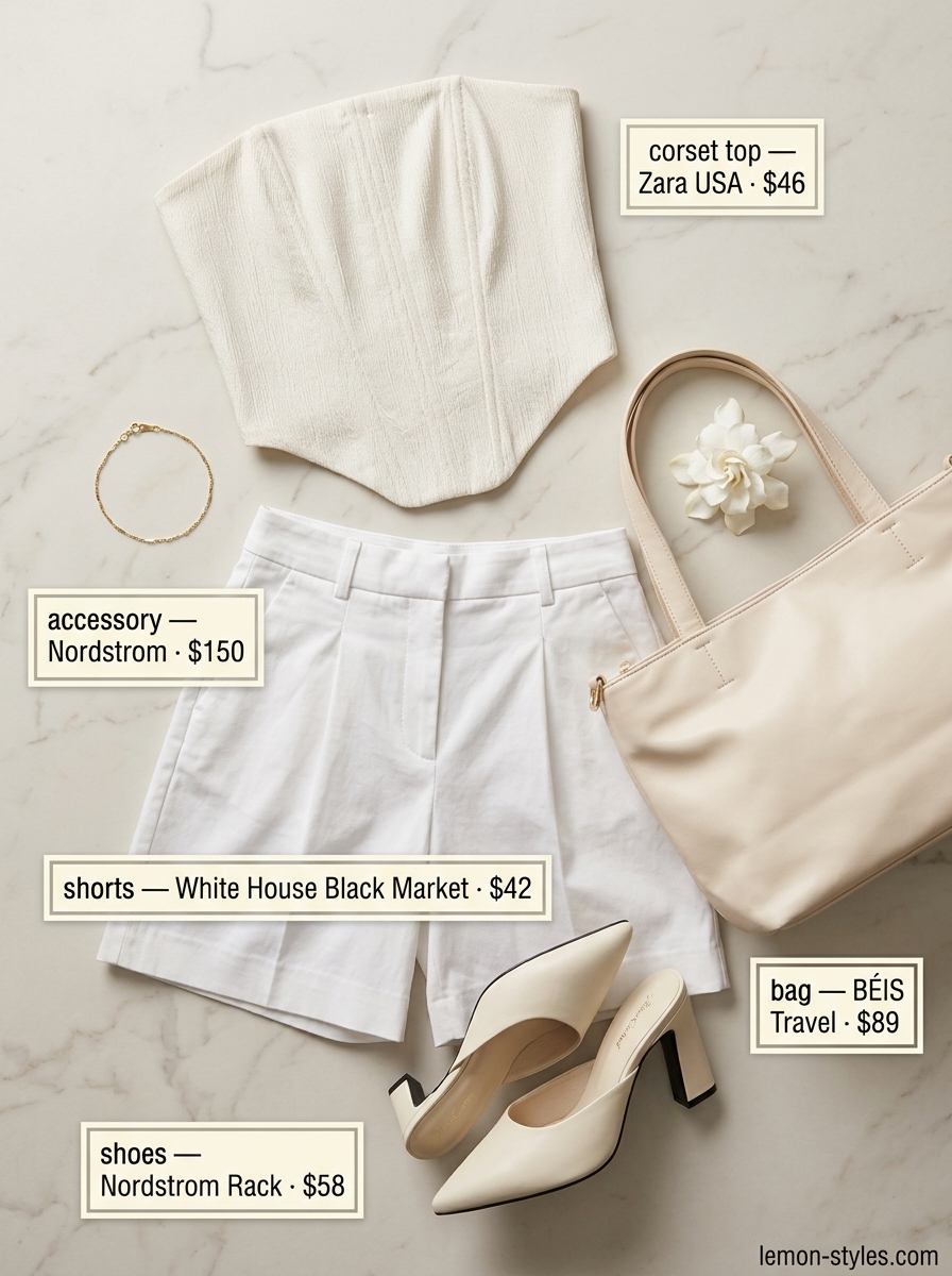 Cream corset top with white Bermuda shorts for smart casual summer outfits 2026.