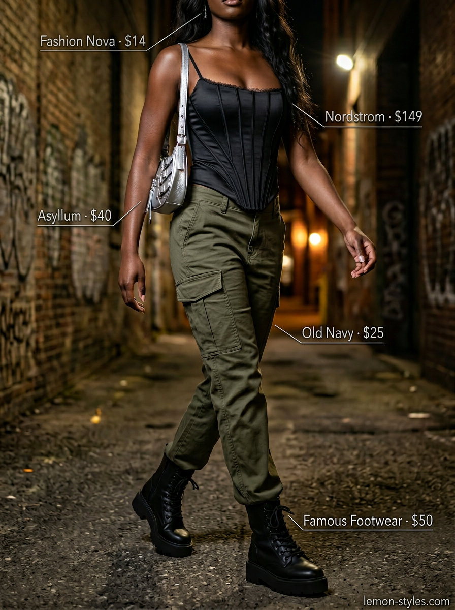 Black satin corset top with olive green cargo pants, combat boots & silver bag. What to wear with corset top summer 2026.