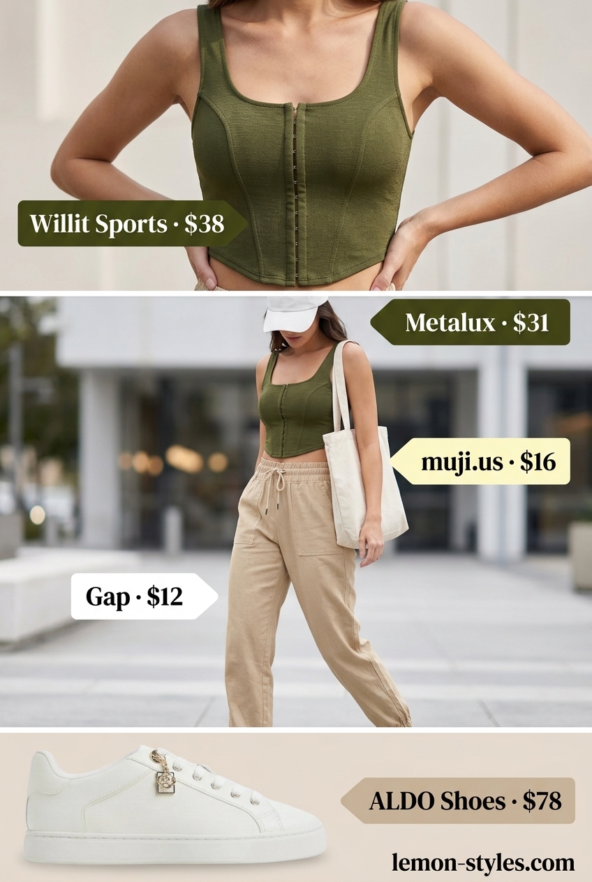 Olive green corset top with joggers for weekend casual outfits 2026.