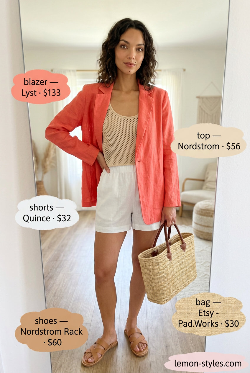 What to Wear with Linen Blazer Summer 2026: Coral linen blazer, white linen shorts, crochet top, straw hat for beach.