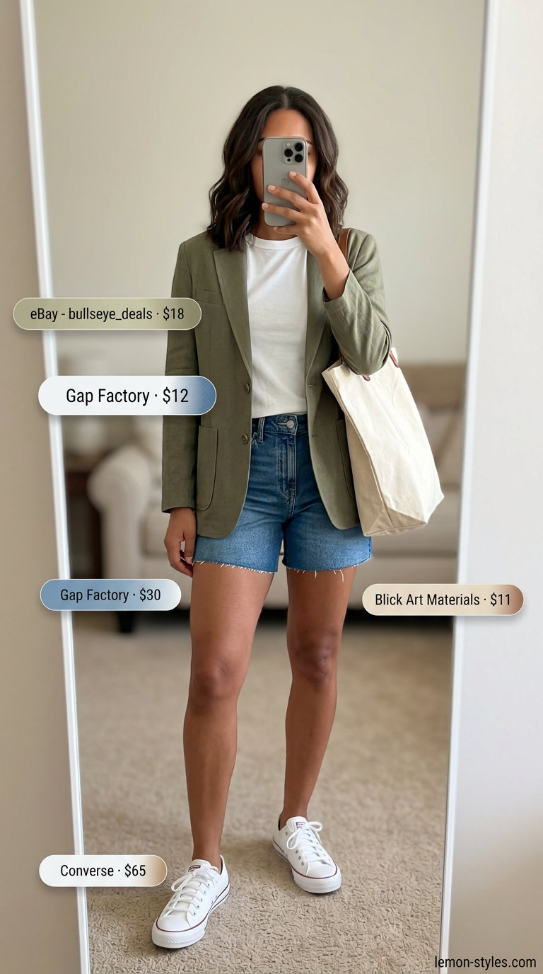 What to Wear with Linen Blazer Summer 2026: Olive linen blazer, denim shorts, and white tee for brunch.