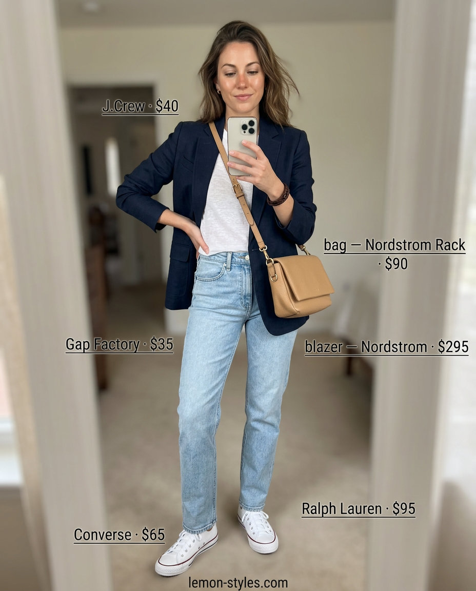 What to Wear with Linen Blazer Summer 2026: Navy linen blazer, light wash jeans, white tee, sneakers for casual evening.