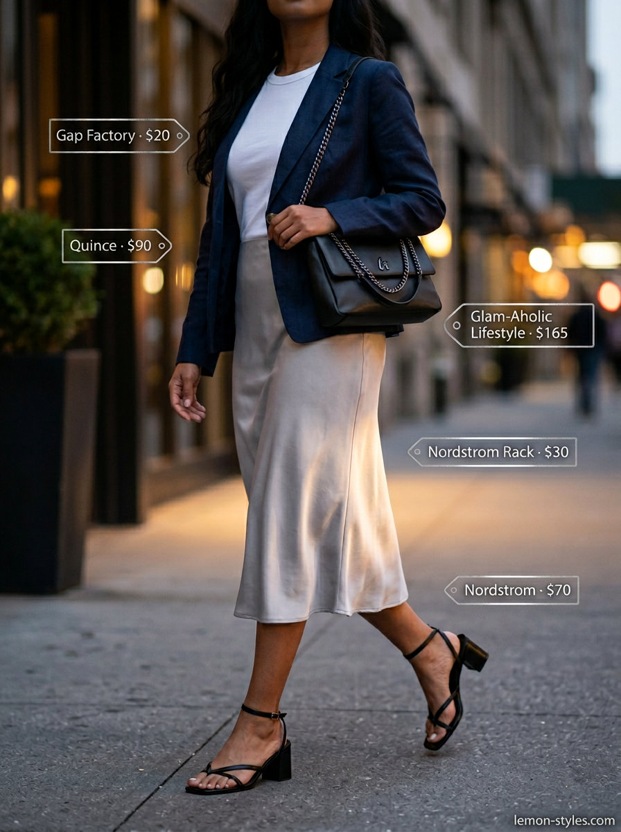 Navy linen blazer outfit for evening: midi slip skirt, white tee, silver hoops, and strappy heels.
