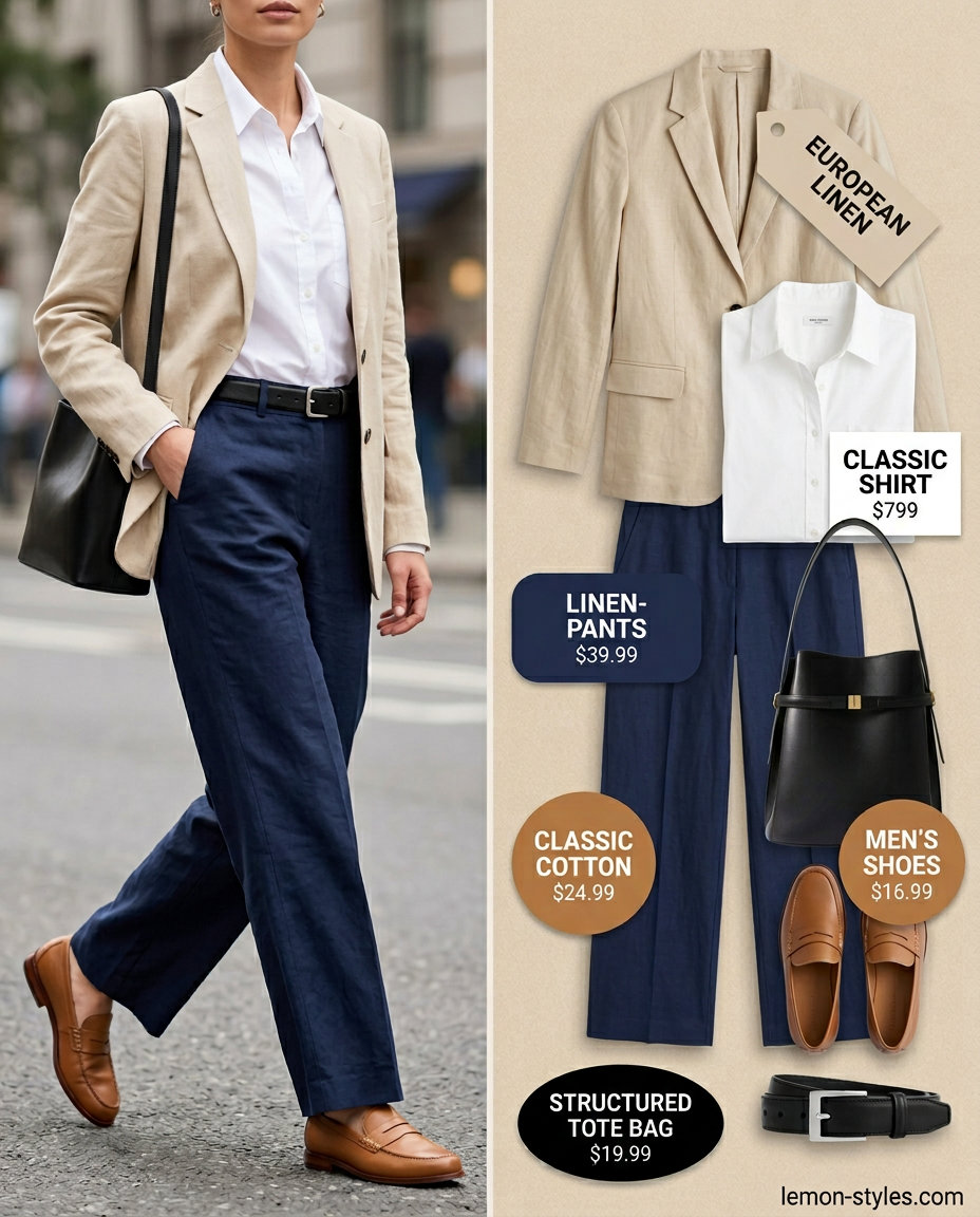 What to Wear with Linen Blazer Summer 2026: Navy linen blazer, white shirt, and trousers for city exploration.