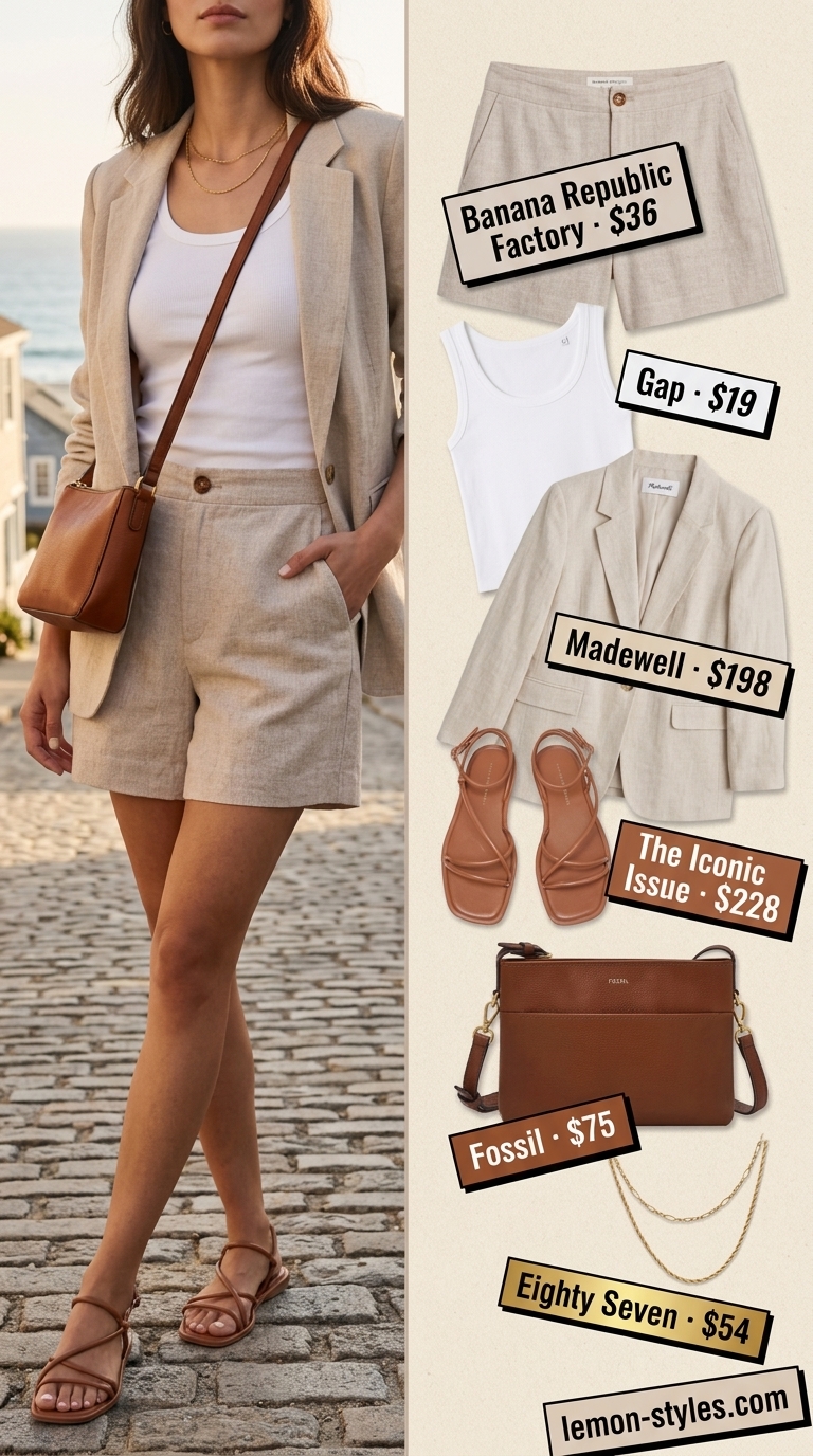 What to Wear with Linen Blazer Summer 2026: Beige linen blazer, white tank, and shorts for coastal style.