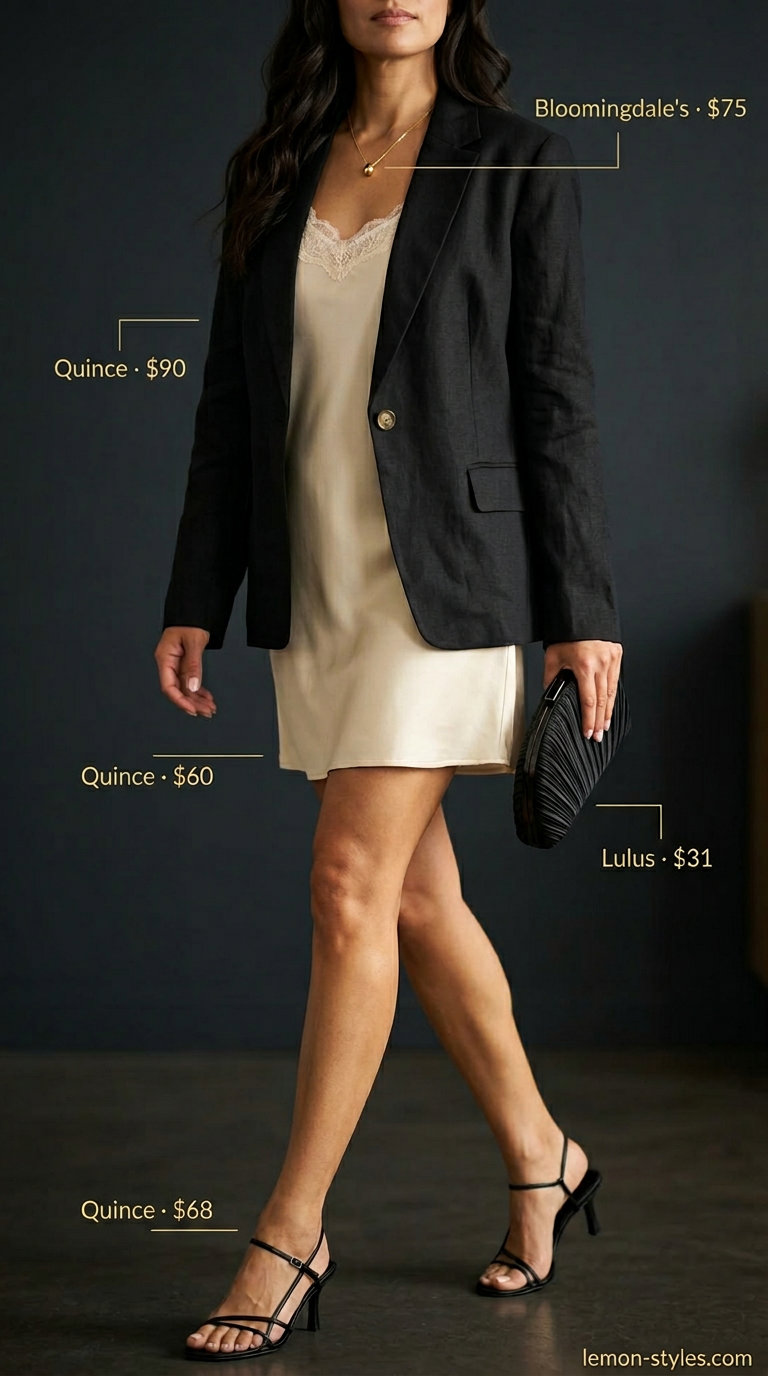 Black linen blazer with satin slip skirt, cream silk cami, and strappy heels for elevated evening looks.