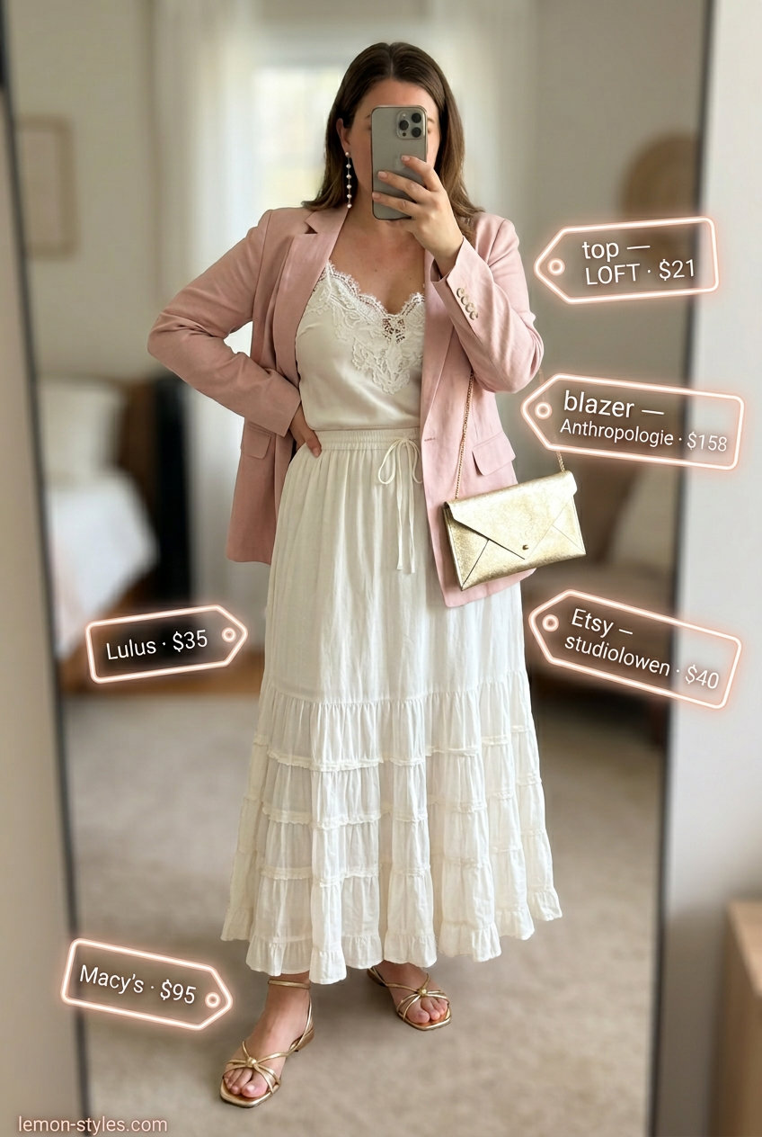Blush pink linen blazer with ivory satin cami and maxi skirt for elegant summer evenings.