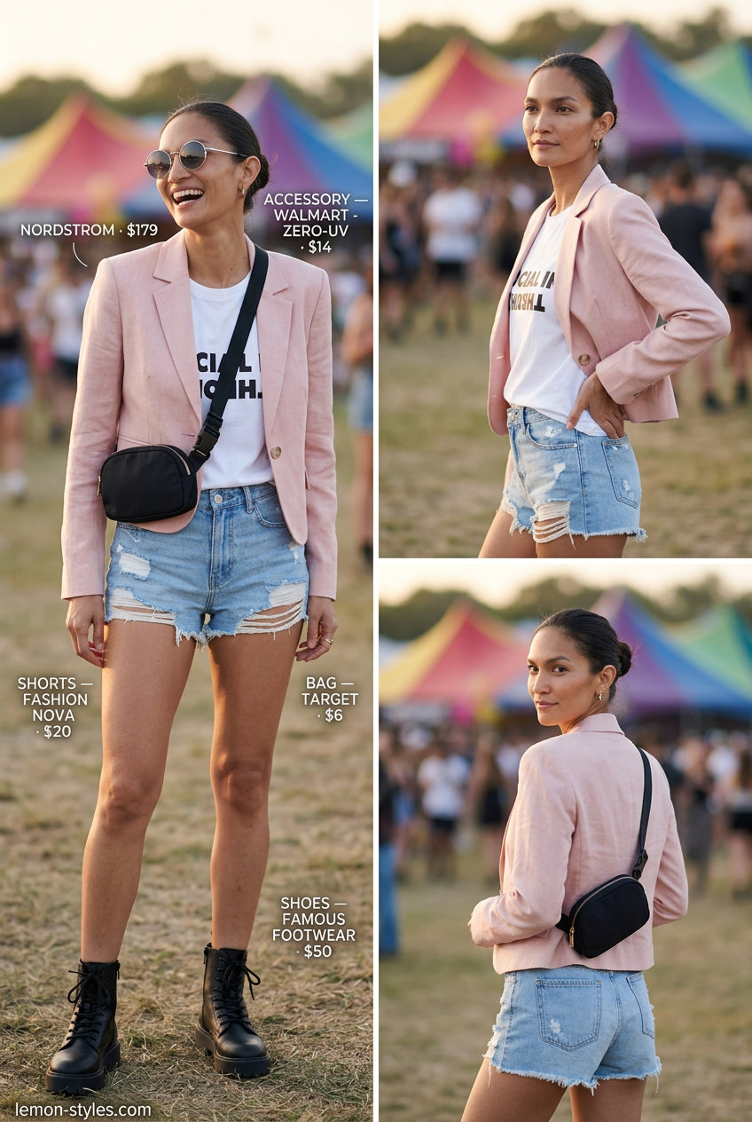 What to Wear with Linen Blazer Summer 2026: Fuchsia linen blazer, denim shorts, graphic tee, platform boots for festival.