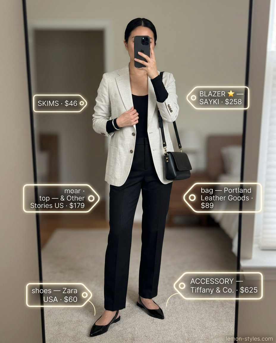 Stone grey linen blazer with black trousers, bodysuit, and slingback flats for modern office wear.
