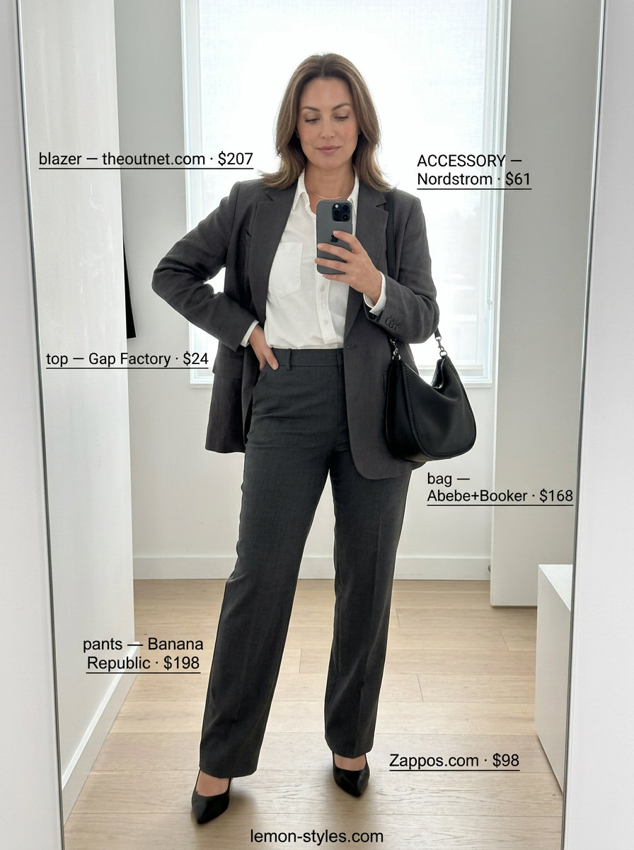 What to Wear with Linen Blazer Summer 2026: Charcoal linen blazer, white shirt, and black trousers for office.