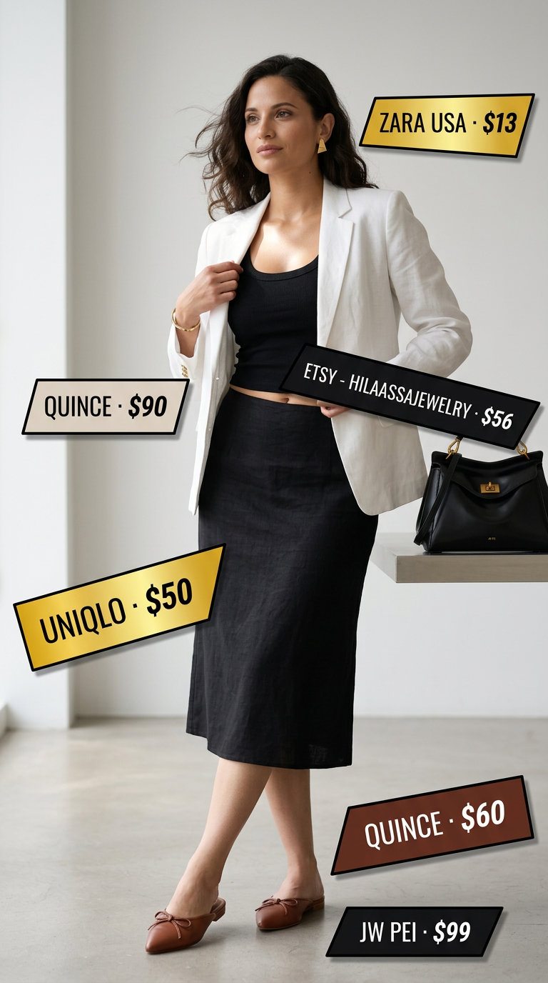 What to Wear with Linen Blazer Summer 2026: White linen blazer, black knit top, black linen skirt, mules for smart casual.