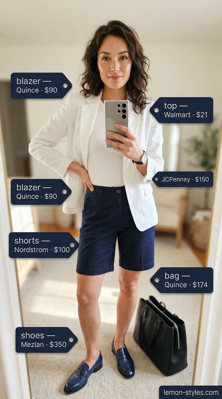 What to Wear with Linen Blazer Summer 2026: White linen blazer, navy shorts, and t-shirt for smart casual.