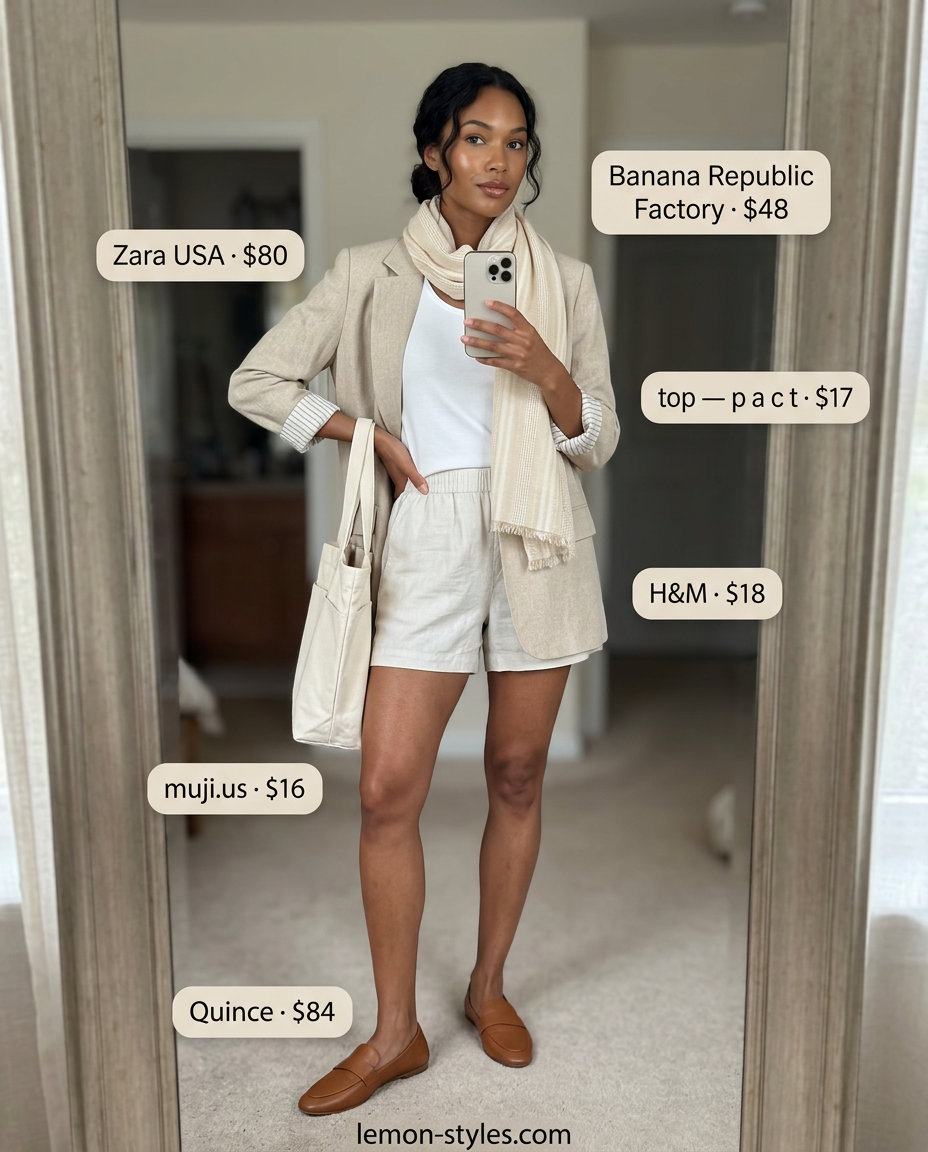 What to Wear with Linen Blazer Summer 2026: Beige linen blazer, white tank, linen shorts, scarf, tote bag, loafers for travel.