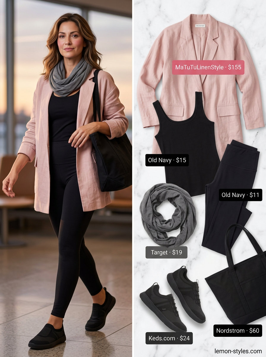 What to Wear with Linen Blazer Summer 2026: Blush linen blazer, black bodysuit, black leggings, sneakers for travel.