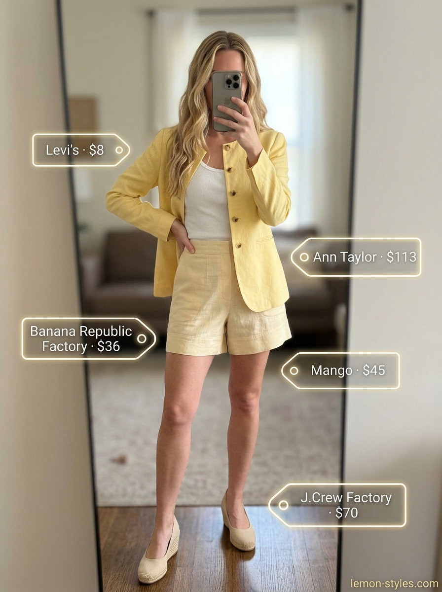 Yellow linen blazer outfit for summer vacation: matching shorts, white tank, espadrilles, and straw hat.