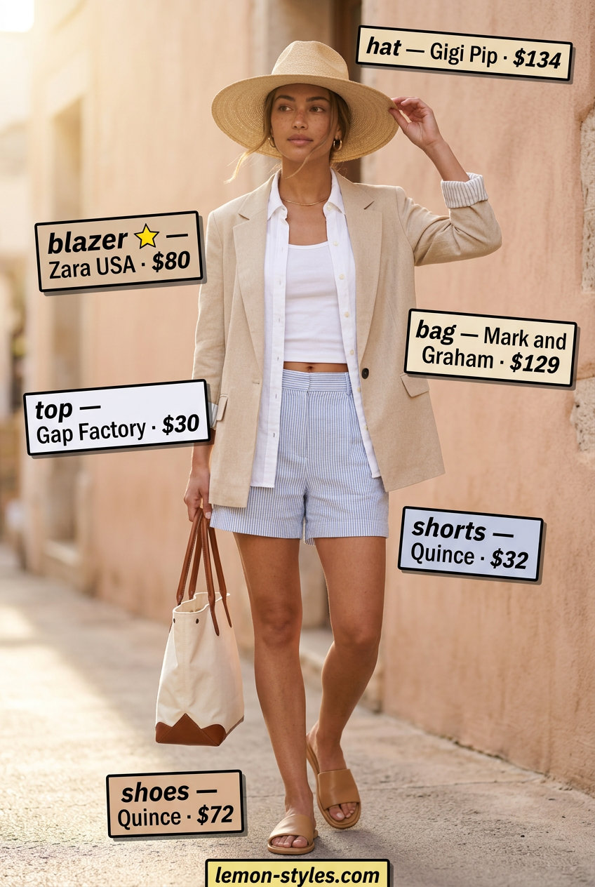 What to Wear with Linen Blazer Summer 2026: Beige linen blazer, light blue linen shorts, white shirt, slides for vacation.