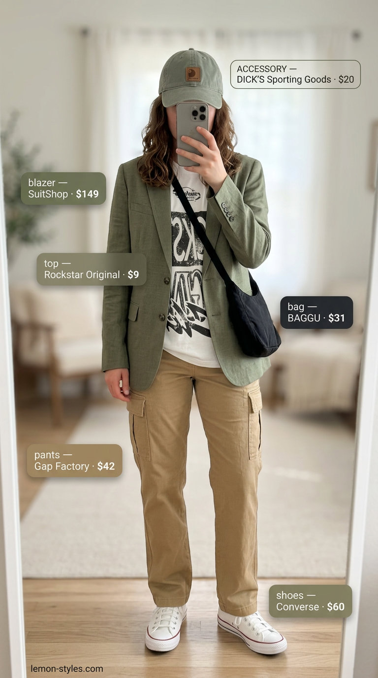 Olive green linen blazer with cargo pants, graphic tee, and baseball cap for casual weekend adventures.