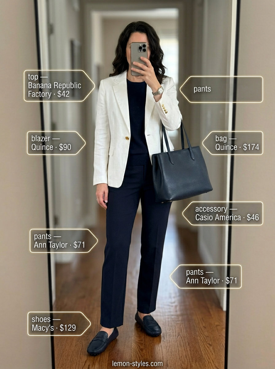 What to Wear with Linen Blazer Summer 2026: White linen blazer, navy trousers, navy knit top, loafers for office.
