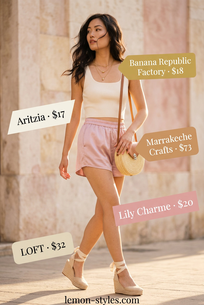What to Wear with Satin Shorts Summer 2026: Blush pink satin shorts, cream knit tank, espadrilles for coastal brunch.