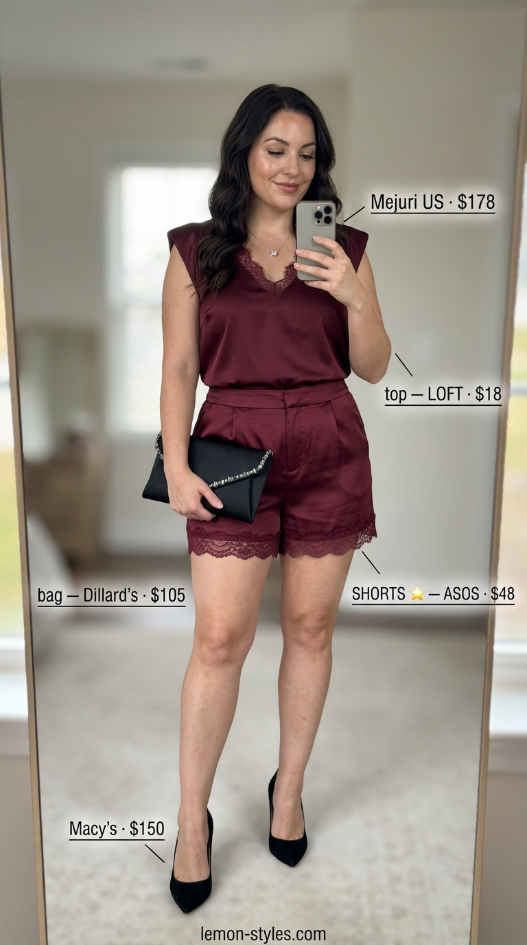 Burgundy satin shorts with black lace cami and silver heels for alluring date night style. What to wear with satin shorts summer 2026.