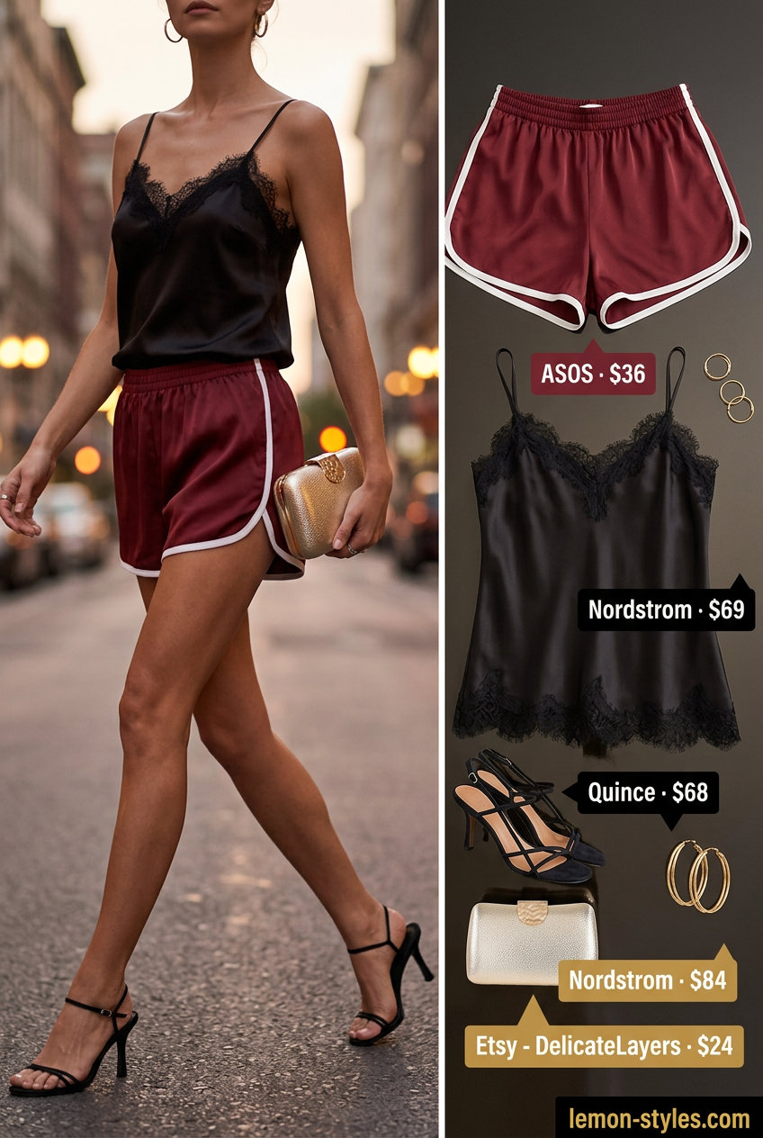 Burgundy satin shorts with black lace cami and gold clutch for date night sparkle. What to wear with satin shorts summer 2026.
