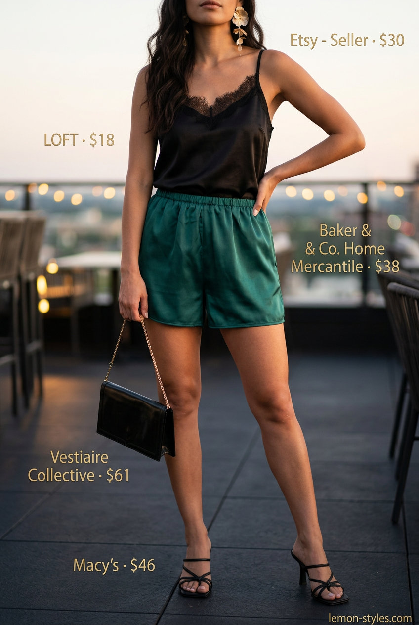 Emerald green wide-leg satin shorts with black lace cami and strappy heels for summer evening elegance. What to wear with satin shorts summer 2026.