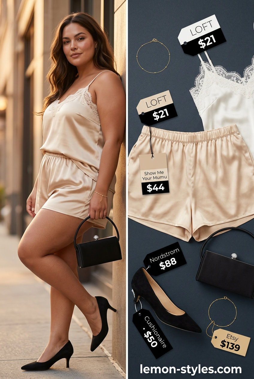 Champagne satin shorts with ivory lace cami and black heels for summer evening elegance. What to wear with satin shorts summer 2026.