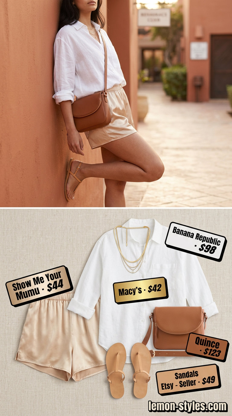 Golden Hour Riviera outfit: champagne satin shorts, oversized linen shirt, leather crossbody, flat sandals. What to wear with satin shorts summer 2026.